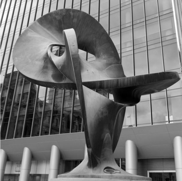 black and white photo of statue "Triune" by Robert Engman